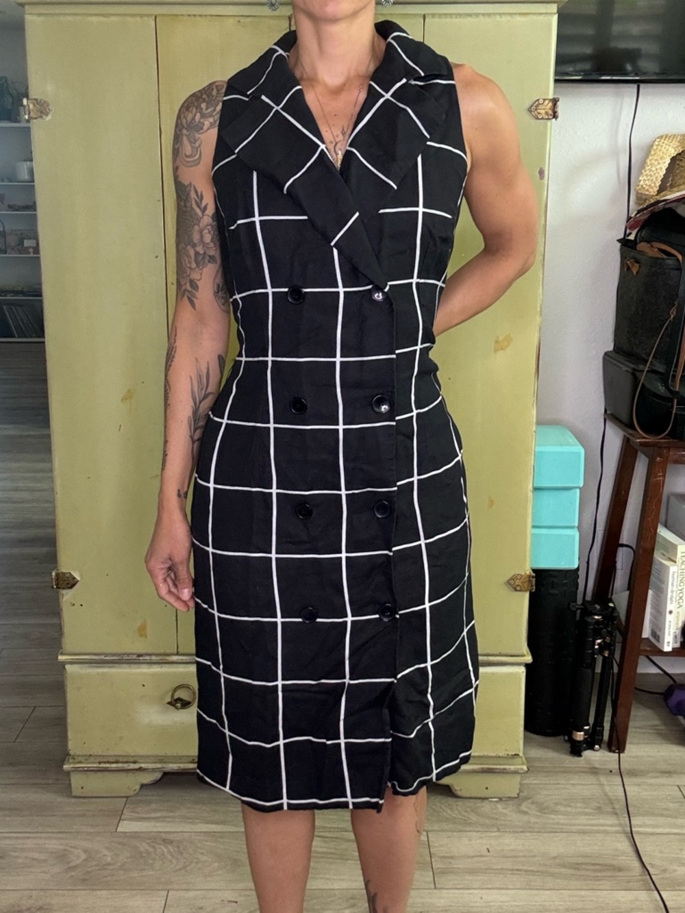 Talbots collared Sleeveless Black Windowpane Double-Breasted Dress